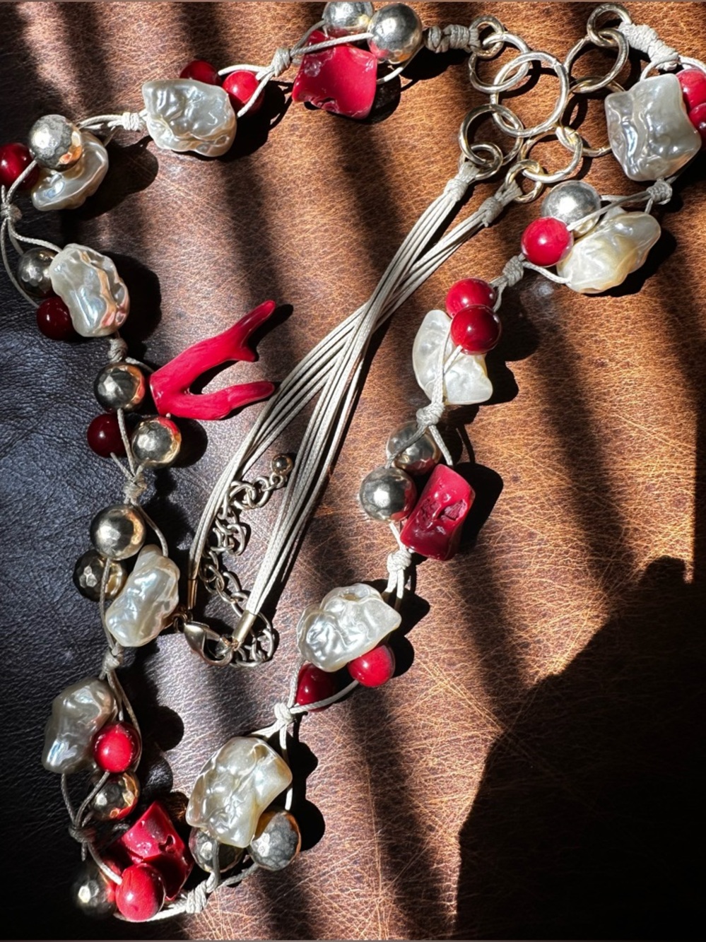 Chicos Elegant Red and gold unique medallion cord Beaded Necklace